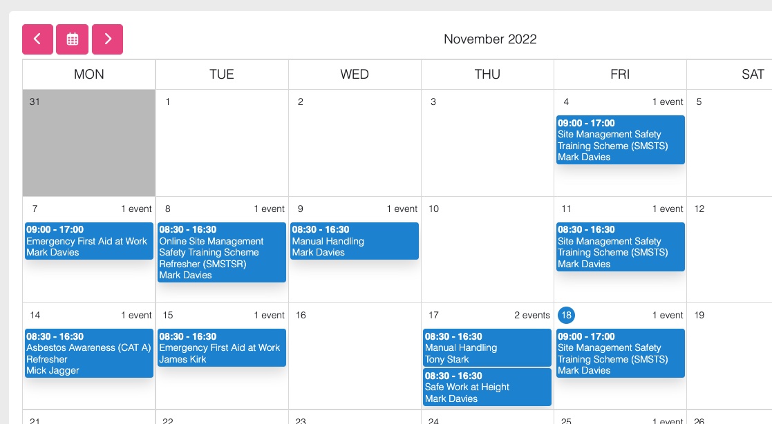 Screenshot of a typical monthly calendar with all courses shown as events.