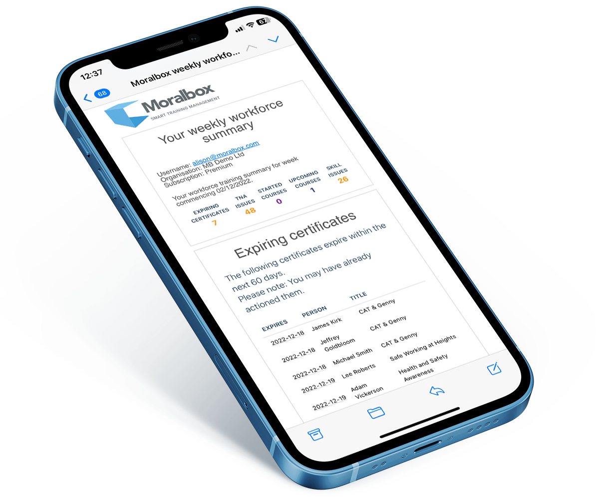 iPhone should a weekly workforce summary email with expiring certificates, TNA issues, started courses, upcoming courses and skill issues. It also lists expiring certificates with the personnel name and title of the course.