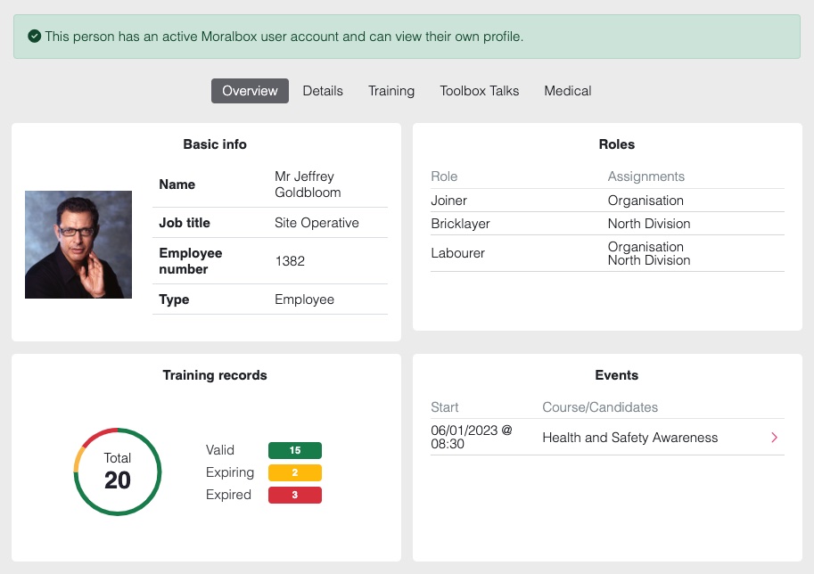 Screenshot showing a person's Moralbox Workforce Manager profile with basic info, Roles they are assigned to, training records overview and upcoming events they're booked on.