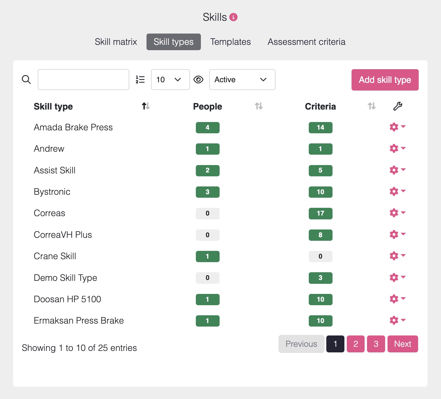 Screenshot showing overview of how many people and assessment criteria are assigned to each skill type.