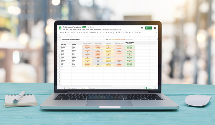 Free starter training matrix for Excel and Google Sheets download