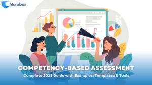 Illustration of three professionals analyzing charts and graphs on a large screen, representing competency-based assessment in 2025.