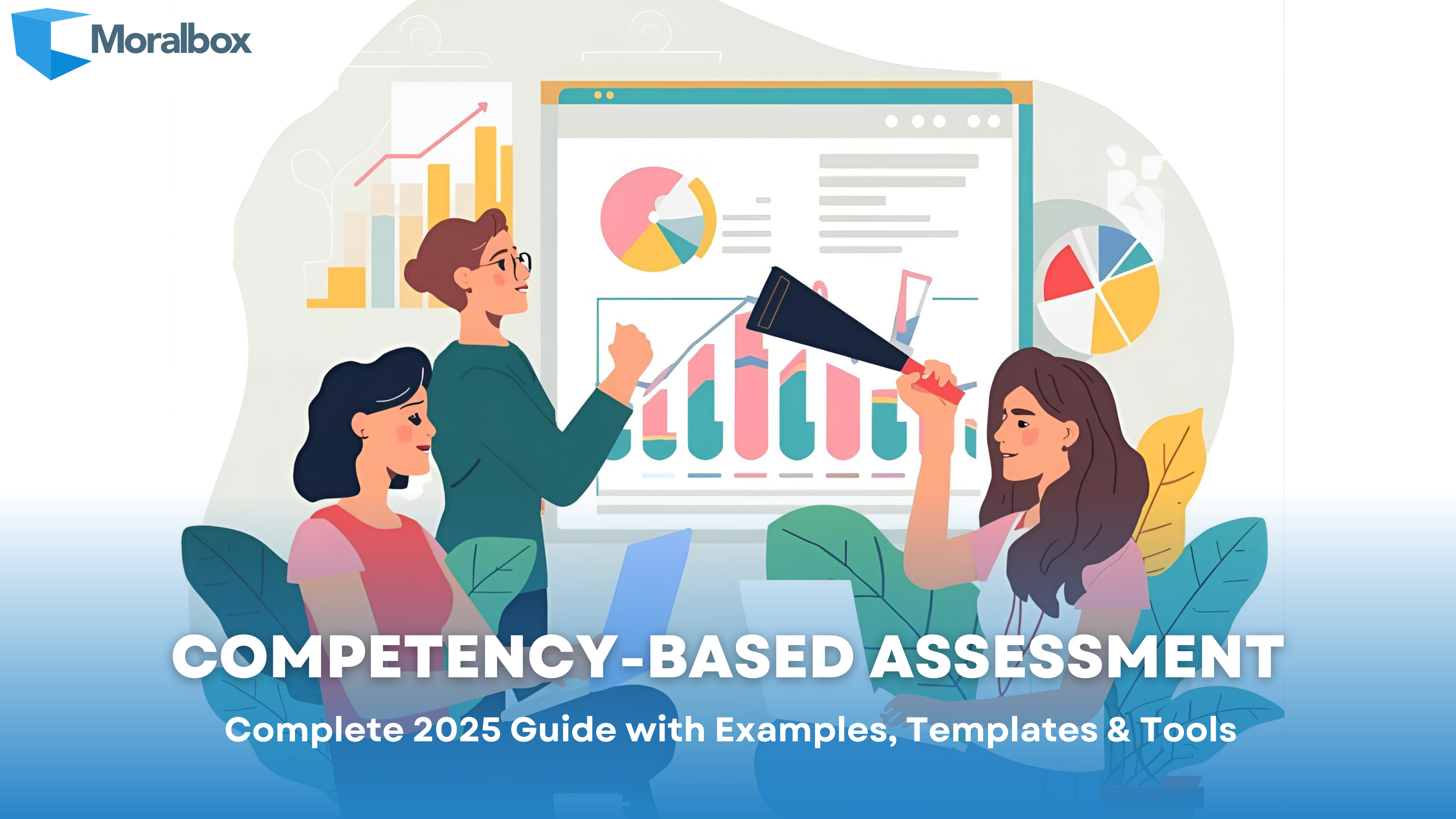 Illustration of three professionals analyzing charts and graphs on a large screen, representing competency-based assessment in 2025.