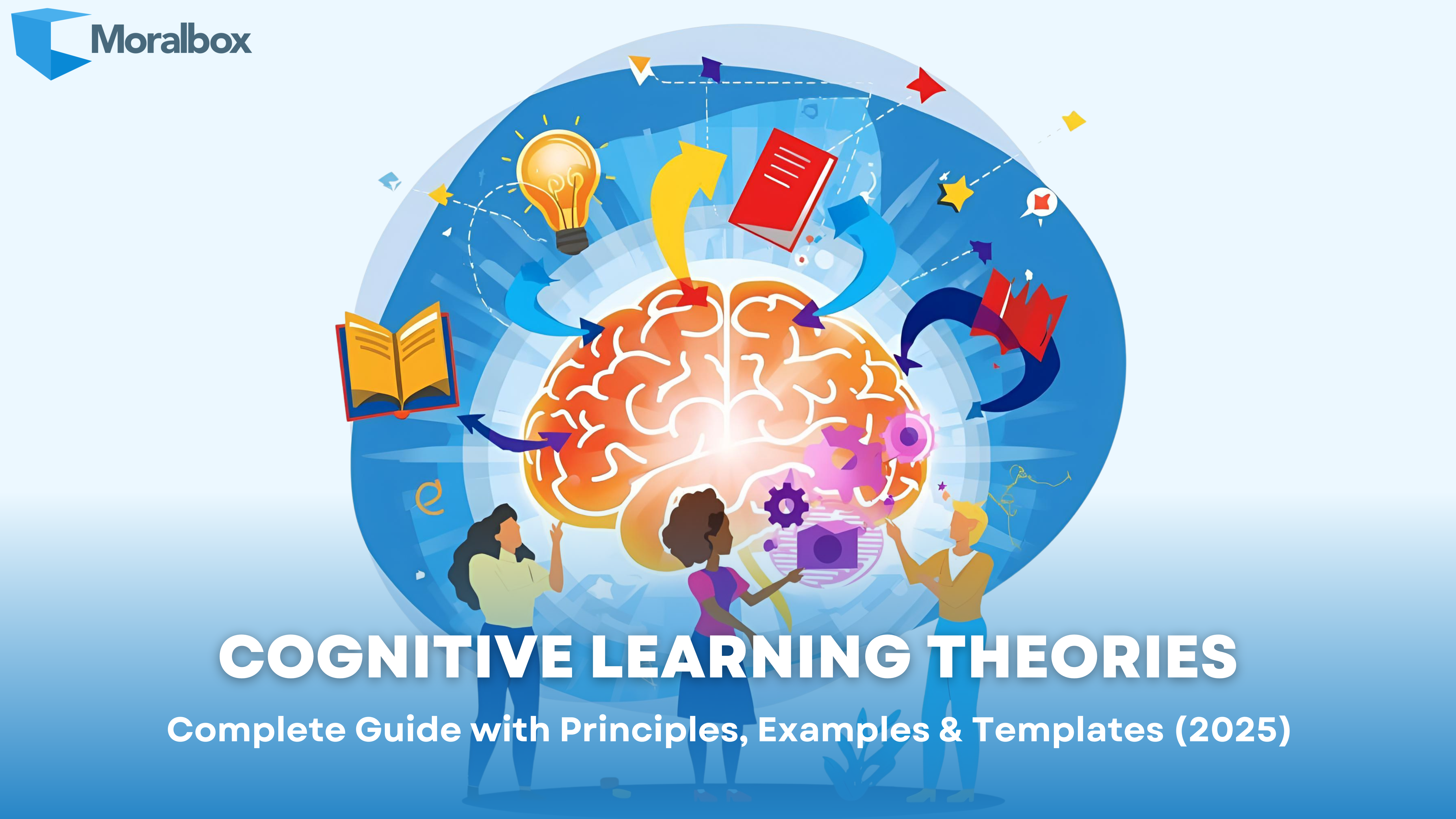 Illustration of cognitive learning theories showing a glowing brain at the centre, surrounded by books, arrows, lightbulbs, and gears, with diverse people discussing and engaging in learning activities.