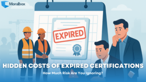 Illustration of workers and managers concerned about an expired certification shown on a large calendar, highlighting compliance risks.