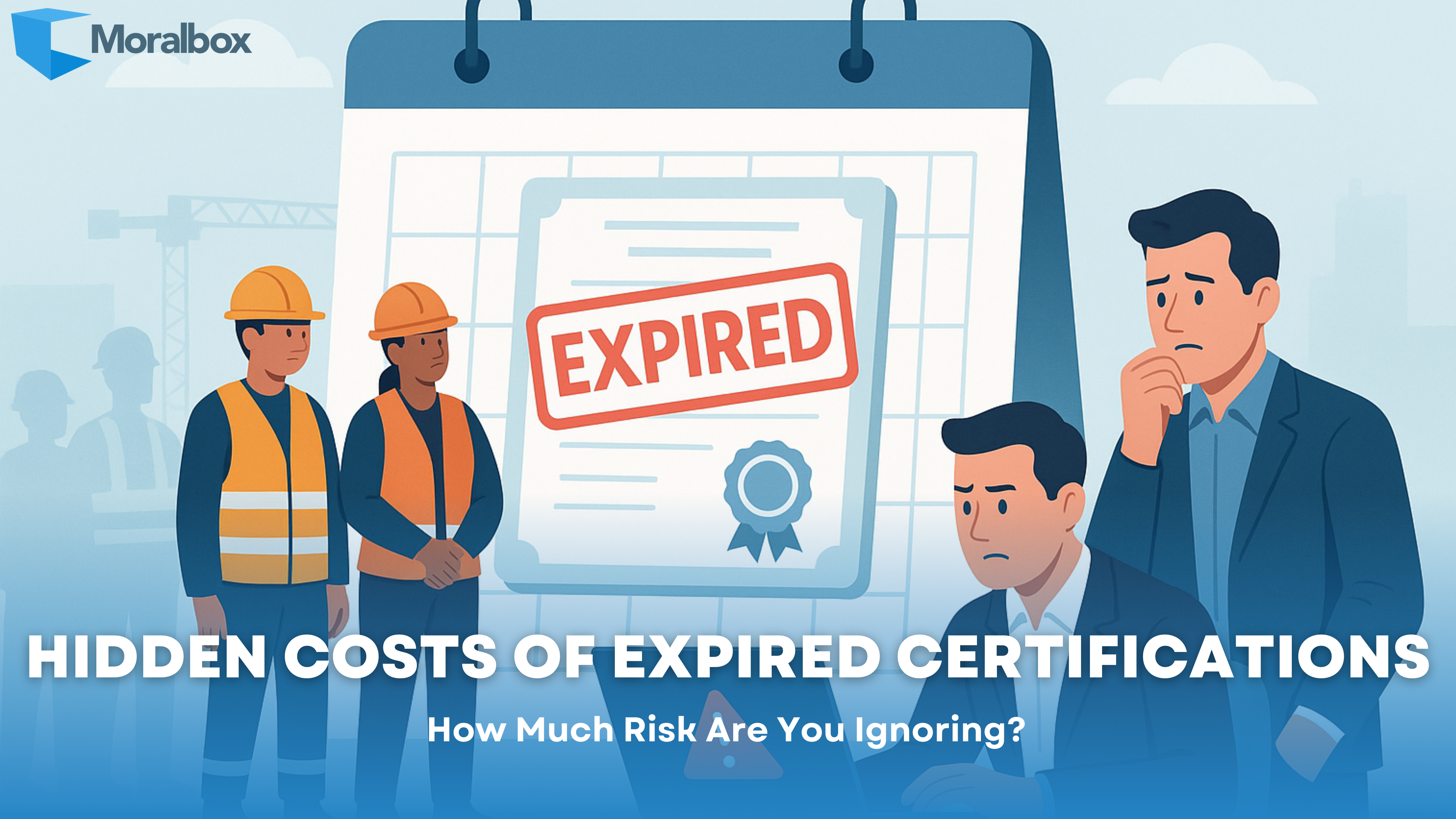 Illustration of workers and managers concerned about an expired certification shown on a large calendar, highlighting compliance risks.