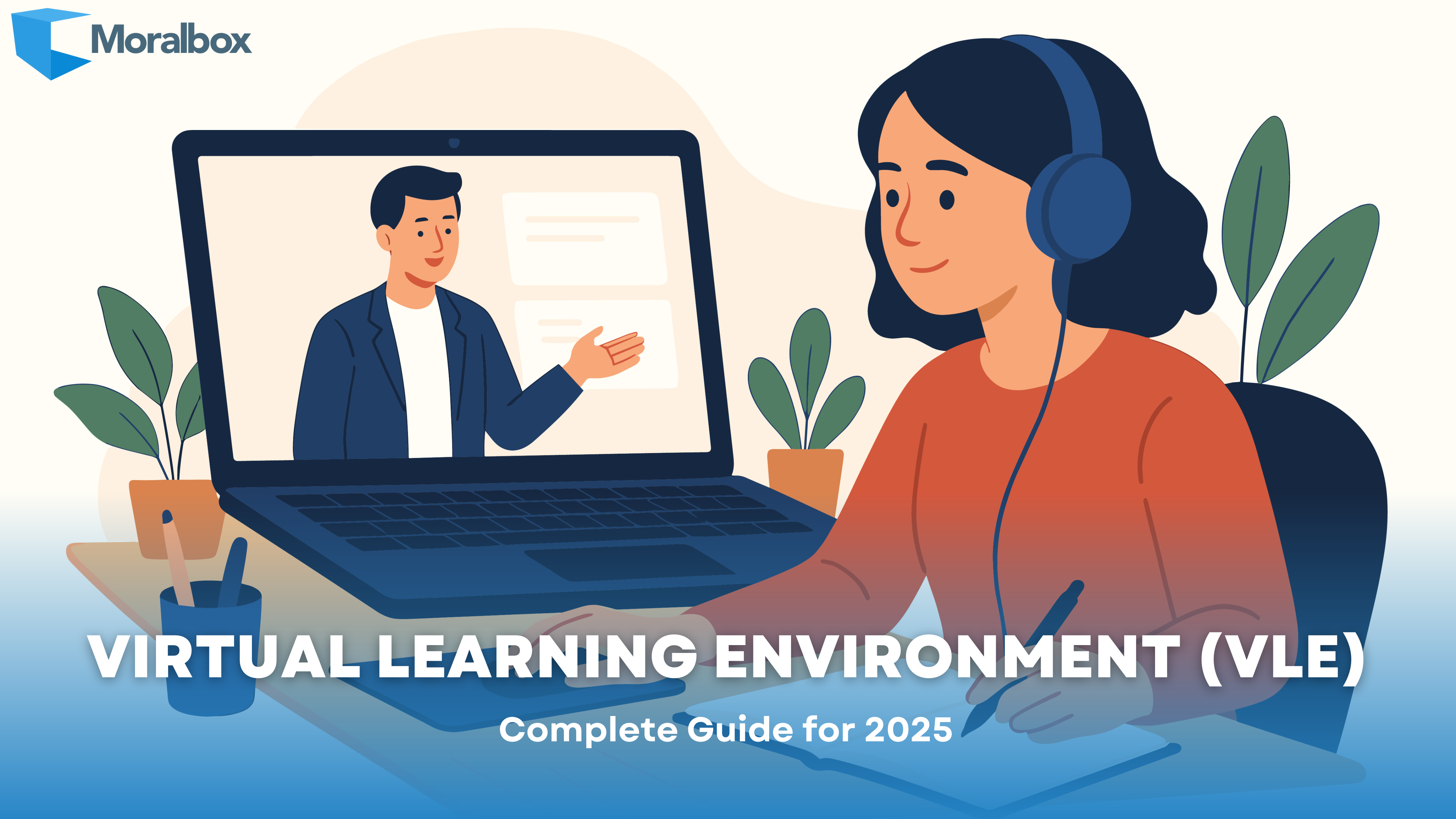 Illustration of a woman wearing headphones and taking notes while attending an online lecture on her laptop. The screen shows a male instructor speaking, representing a Virtual Learning Environment (VLE). Banner text reads: Virtual Learning Environment (VLE) – Complete Guide for 2025.