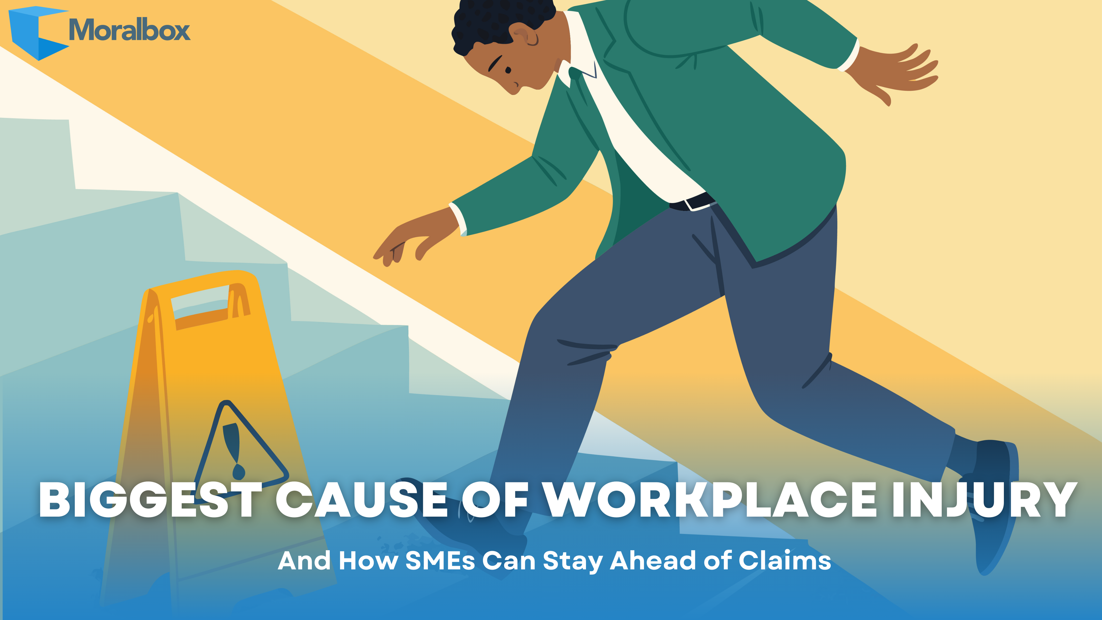 Illustration of a worker slipping on stairs next to a yellow caution sign, symbolising the biggest cause of workplace injury.
