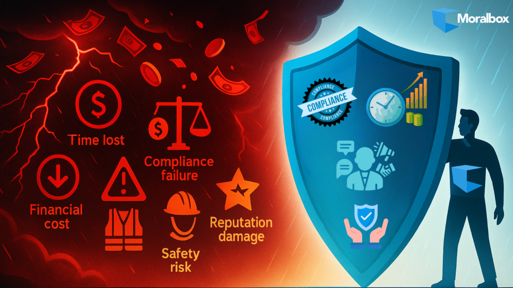 A split-screen infographic showing the risks of expired certifications on the left, including time lost, financial cost, compliance failure, safety risk, and reputation damage. On the right, the Moralbox shield protects against these risks, symbolising time saved, compliance updated, financial profit, safety assurance, and good reputation.